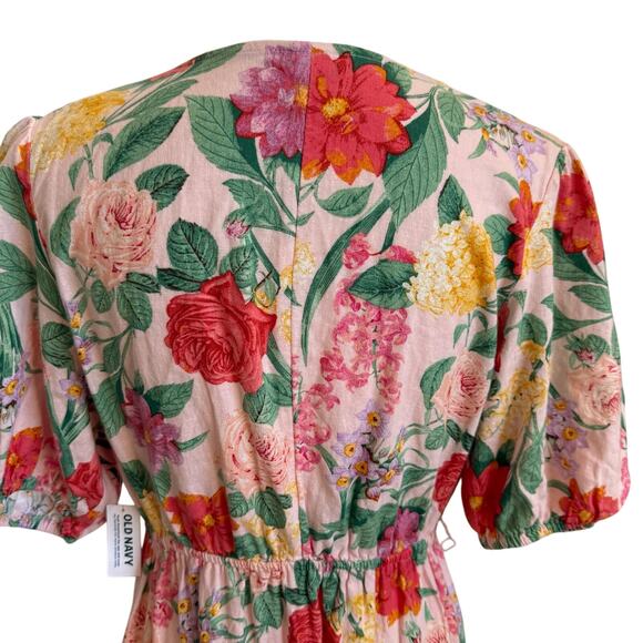 Old Navy Maxi Dress Large Pink Floral Puff Sleeve Linen Cut Out Twist Tie NWT - Picture 6 of 11